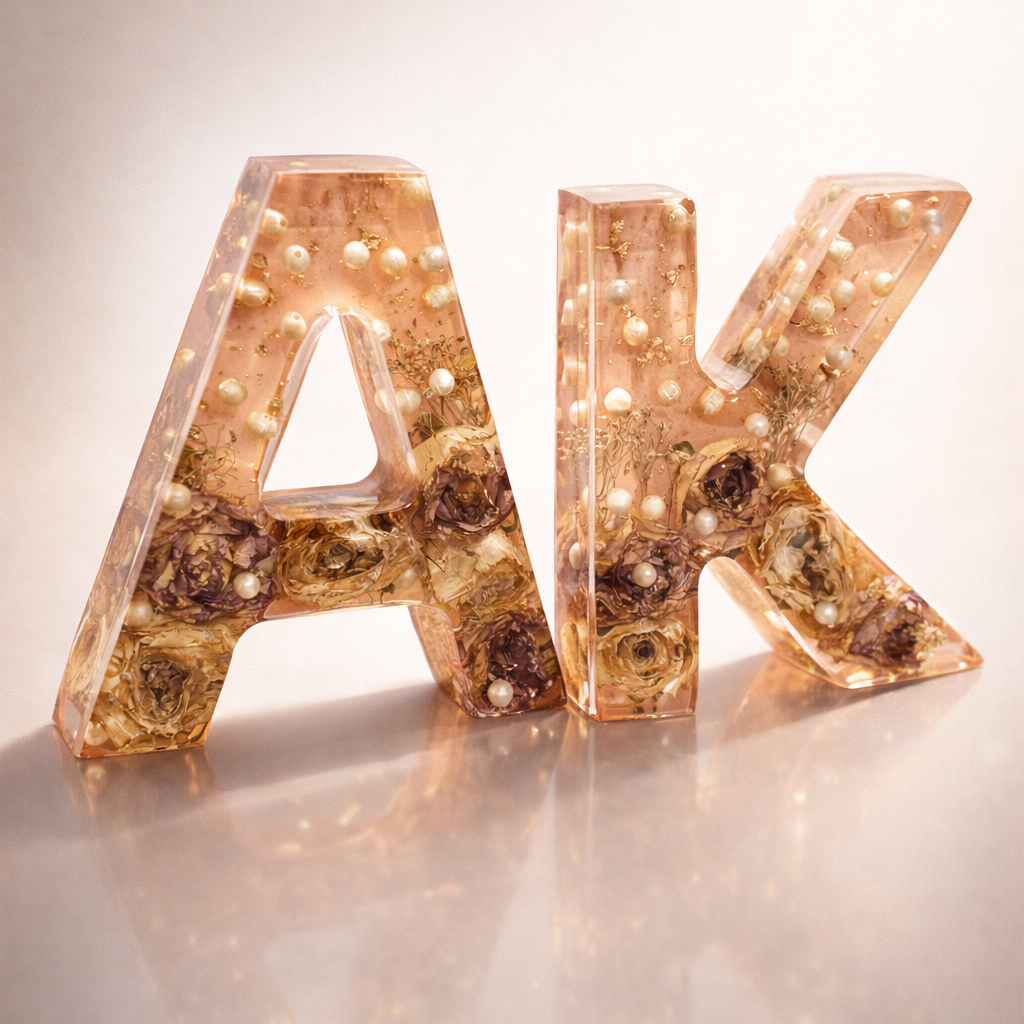 Personalized resin letters 'A' and 'K' filled with dried flowers and small pearl-like beads, standing on a reflective light beige surface against a neutral background.