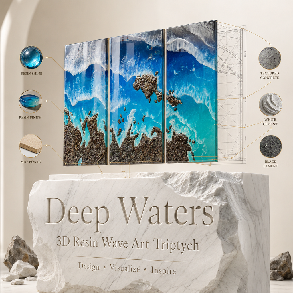 A 3D resin wave art triptych titled 'Deep Waters' displayed on a large faux-marble pedestal. The artwork features layered blue ocean waves with dark brown and black textured rock formations.