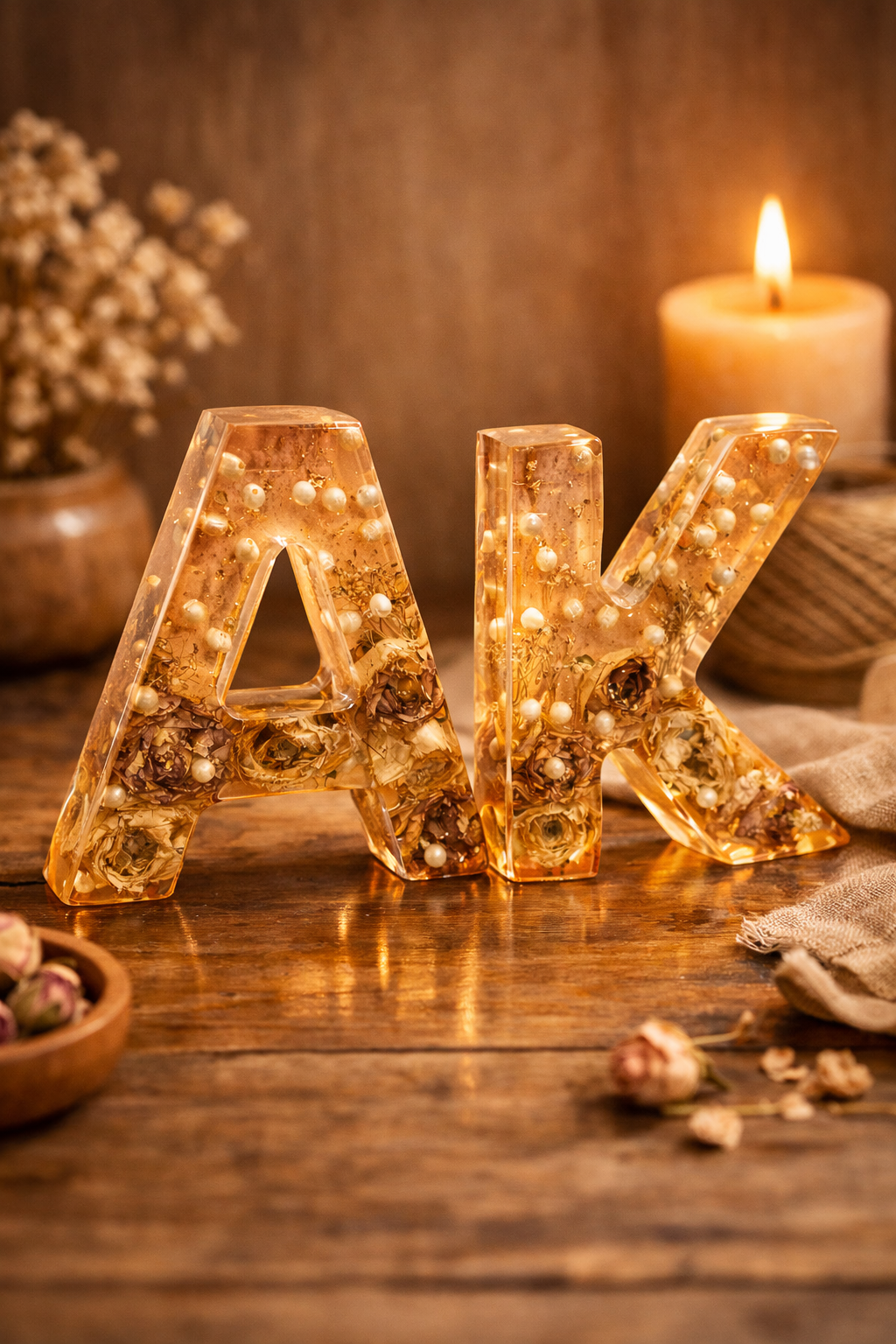 Two large transparent resin letters spelling "AK" filled with dried flowers and small warm lights, displayed on a rustic wooden surface with a lit candle and dried floral decor in the background.