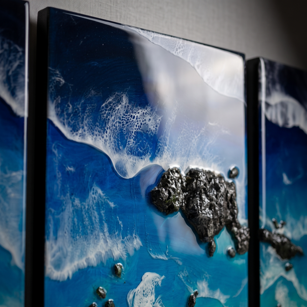 A close-up of a multi-panel canvas wall art piece depicting an ocean scene with deep blue water, white surf, and dark textured rocks.