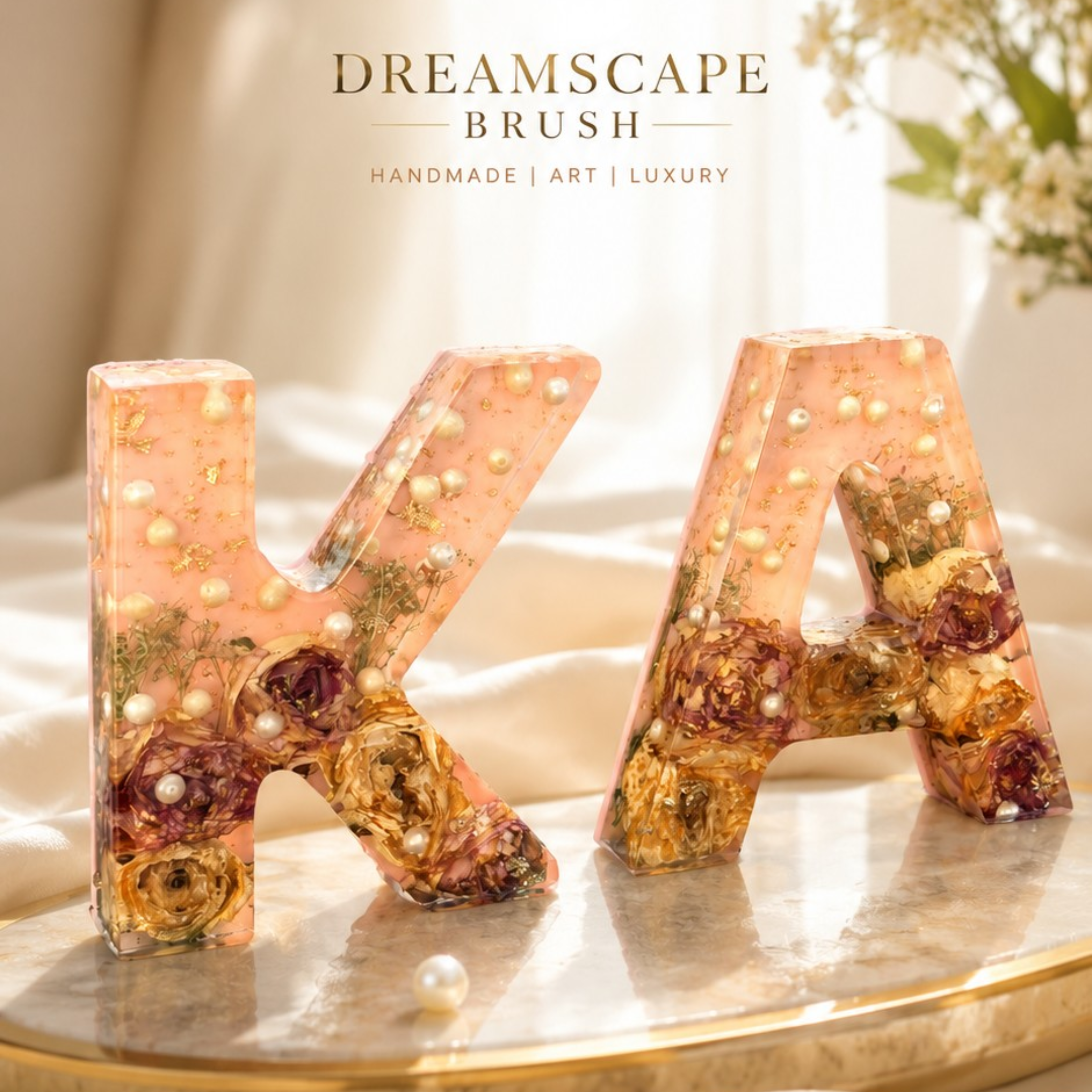 Two decorative letters 'K' and 'A' filled with pink and gold glitter and dried flowers, displayed on a reflective gold tray with draped cream fabric and soft floral background. Text reads 'DREAMSCAPE BRUSH' and 'HANDMADE | ART | LUXURY'.